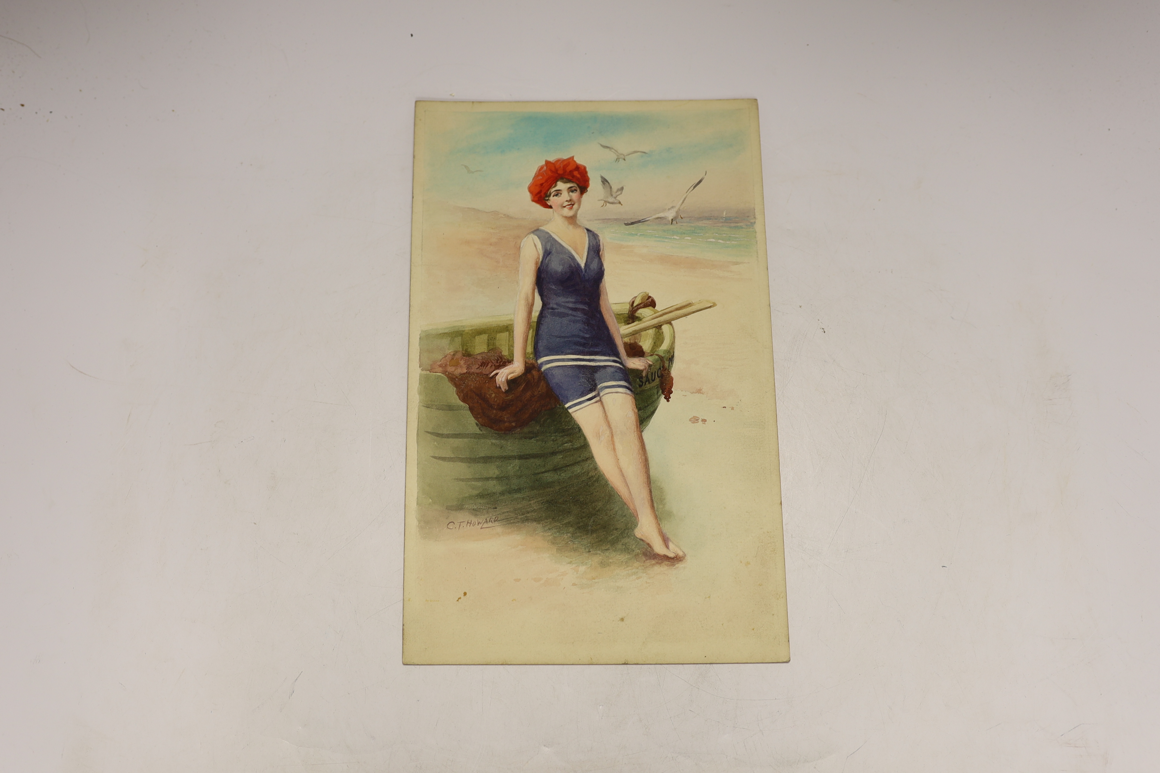 Charles Thomas Howard (1865-1942) four original watercolours on card for postcard designs, Bathing girls, two signed, 27 x 17cm